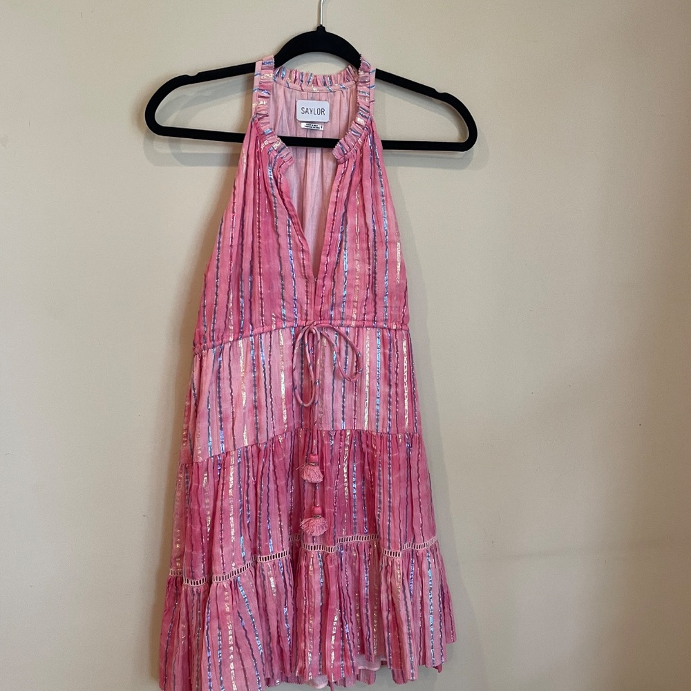 Saylor Rheta Dress -Size S Pink Metallic stripe- Like new